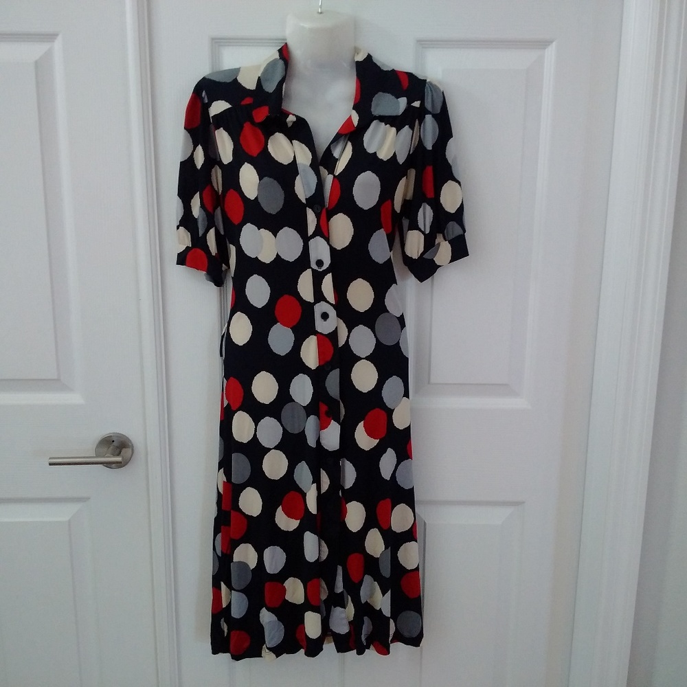 polka dot medium dress cream,grey,red and black.